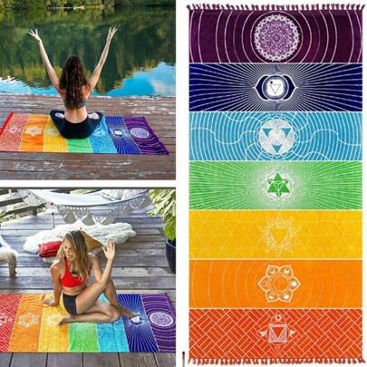 Thin (Polyester) Colorful Rainbow Striped Tapestry Yoga Mandala Beach Towel Yoga Mat Pilates Home Sports Fitness Tassel Carpet Decorative Wall Background Cloth (75*150cm)