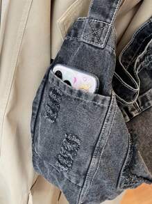 2024 New Minimalist Large Capacity Casual Jeans Crossbody Bag, Ripped Detail Decoration, Street Style, Adjustable Shoulder Strap, Unisex Solid Color Shoulder Bag For College Students, Perfect For Cow Girl