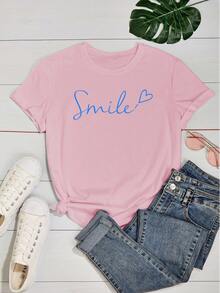 Women's Baby Look T-Shirt 100% Cotton Phrases Smile Smile Blue Heart - 淺粉色 - 查看 2