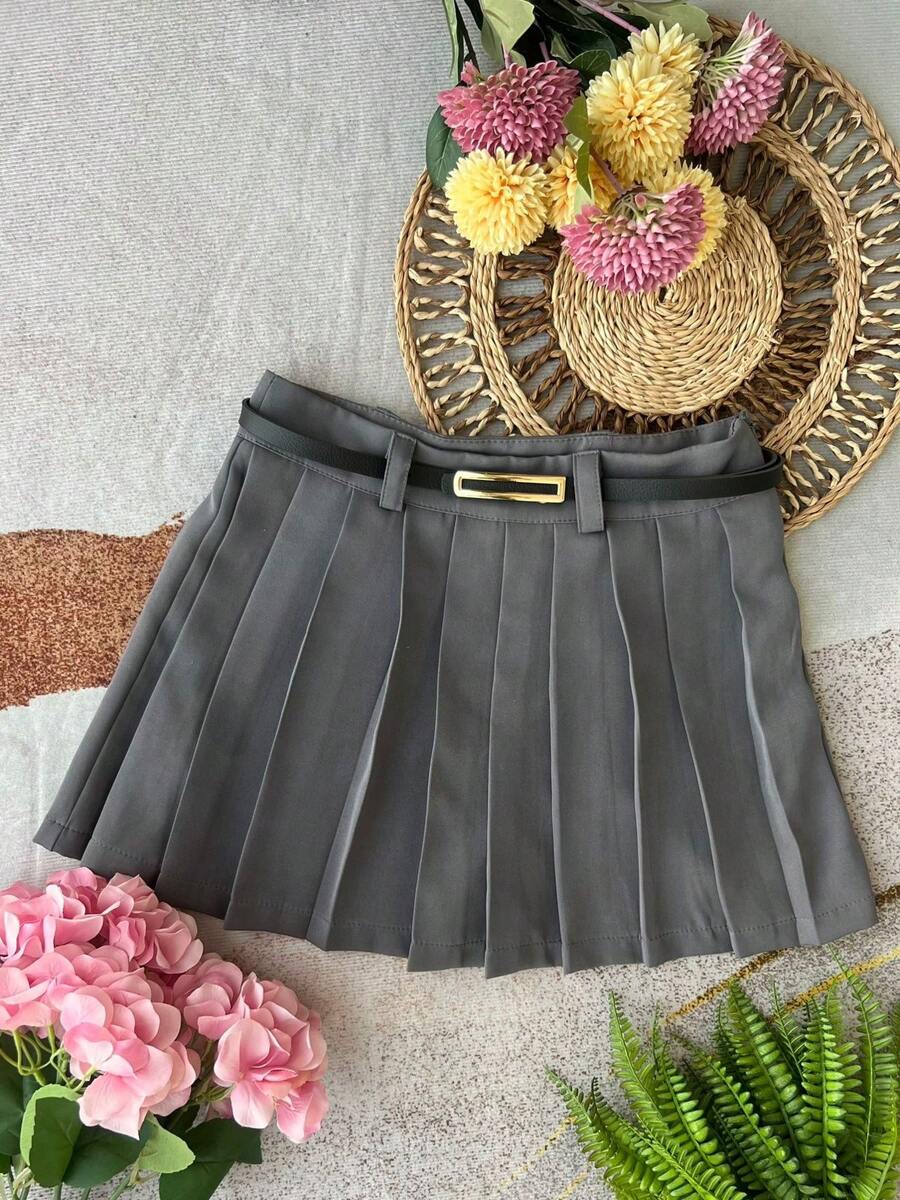 Women's Tailored Pleated Skirt Shorts With Zip And Belted Waist - Màu xám đen - Xem 1