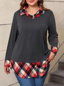 Top à manches longues en patchwork à carreaux décontracté pour le printemps et l'automne, grande taille - Gris foncé - Voir 6