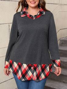 Top à manches longues en patchwork à carreaux décontracté pour le printemps et l'automne, grande taille - Gris foncé - Voir 3