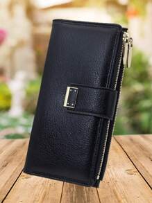 MINGYOU 女士柔软优雅 PU 皮革手机钱包 时尚按扣开合 双层拉链 大容量 多功能钱包 卡夹 轻巧简约手拿包 适合节日礼物 女士钱包 钱包 长款钱包 - 黑色 - 查看 1