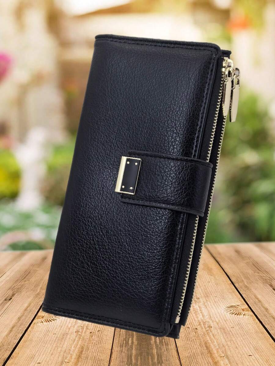 MINGYOU 女士柔软优雅 PU 皮革手机钱包 时尚按扣开合 双层拉链 大容量 多功能钱包 卡夹 轻巧简约手拿包 适合节日礼物 女士钱包 钱包 长款钱包 - 黑色 - 查看 1