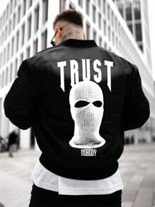 Men's Long Sleeve Letter Print Lightweight Bomber Rave Jacket, Spring Autumn Casual Zippered Baseball Collar Outerwear