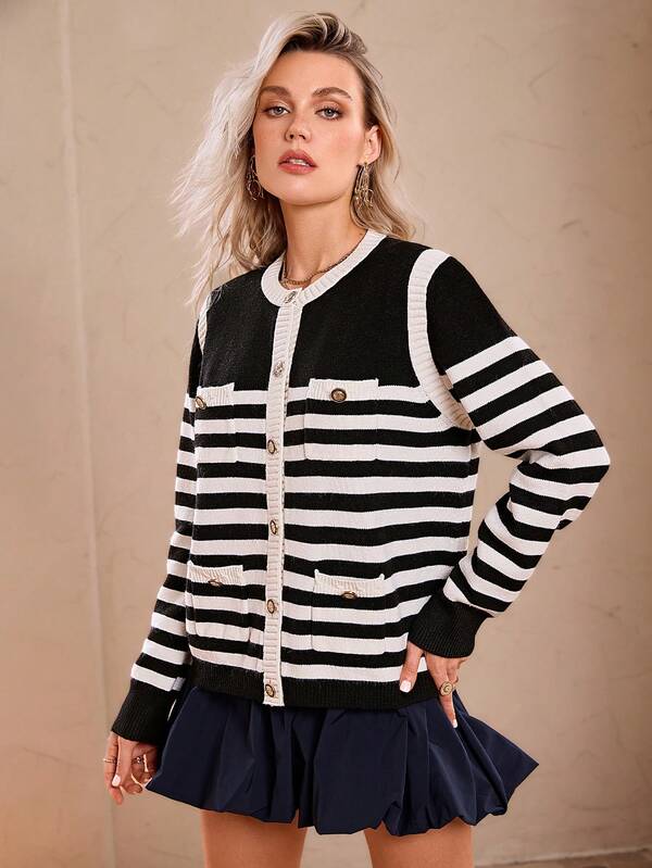 Simplee Women's New French Casual Comfortable Long Sleeve Contrast Striped Knit Cardigan, Black And White Striped Knit Cardigan, Multi-Pocket And Vintage Button Decor, Suitable For Commuting And Home Wear, Autumn/Winter