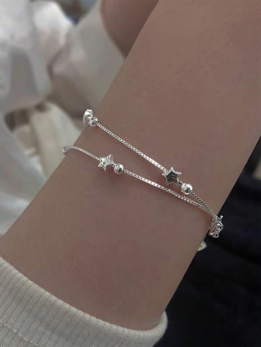 1pc Luxury 925 Sterling Silver Star Beaded Bracelet, Elegant Design