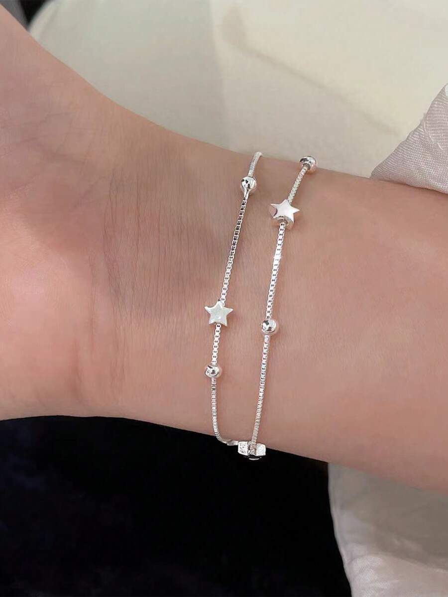 1pc Luxury 925 Sterling Silver Star Beaded Bracelet, Elegant Design