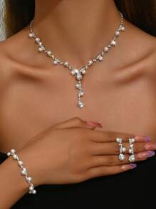 1 Set Fashionable Minimalist Wedding Jewelry Faux Pearl & Diamante Necklace, Earrings, Bracelet Suit For Women Wedding Party
