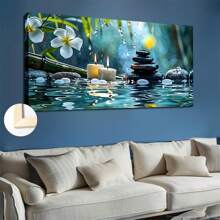 1pc Wooden Framed Canvas Poster, Blue And White Orchid Green Bamboo Zen Painting, Canvas Wall Art, Artwork Wall Painting For Gift, Bedroom, Office, Living Room, Cafe, Bar, Wall Decor, Home Decoration, Ready To Hang - Thickness 1.3cm Posters,Wall Art,Room Decoration Stuff Gifts Birthday Graduation