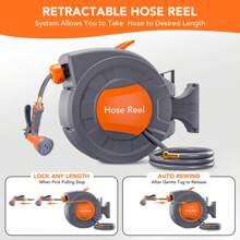 Retractable Garden Hose Reel - 1/2 In X 100 Ft, Wall Mounted, 9-Function Sprayer, Any Length Lock, 180° Swivel, Automatic Rewind & Slow Return System - Orange - View 5