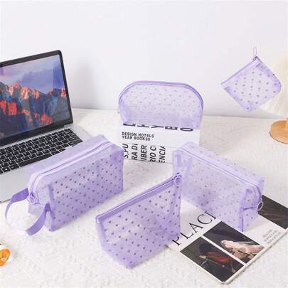 1 件心形网眼化妆包，便携大容量化妆收纳袋，可折叠收纳袋，波西米亚风，适合假日海滩、浴室收纳、卧室收纳，大容量