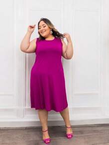 Plus Size Knee Length Tank Top Dress - 玫瑰紅 - 查看 2
