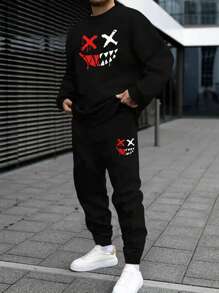 新款秋冬男友风男士时尚哥特式笑脸涂鸦图案运动加厚西装 - 黑色 - 查看 2