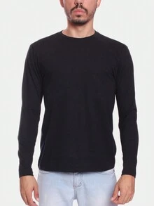 Kit Of 4 Men's Long Sleeve Second Skin T-Shirts 100% Premium Cotton Plain Black - 黑色 - 查看 3