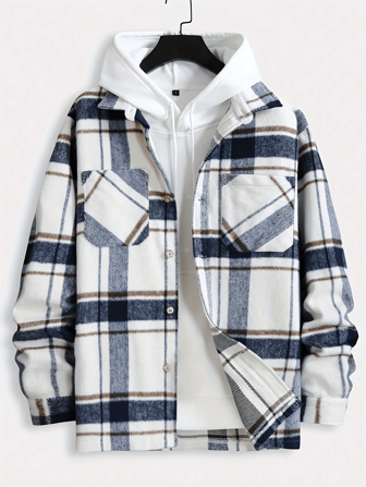 Men's Fashion Plaid Print Front Button Pocket Casual Long Sleeve Jacket, For Fall