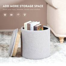 圆形布艺脚凳，带储物功能，天鹅绒多功能化妆椅，软垫座椅，可拆卸盖子，现代客厅休息凳，卧室礼物，返校宿舍收纳 - 灰色 - 查看 4