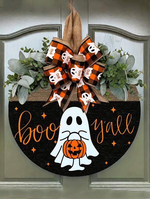 1pc Black Wooden Halloween Wreath With Ghost Letter And Bow Design - Home Decor Accent For Party Scene And Patio Background Wall Halloween Decor Room Decor
