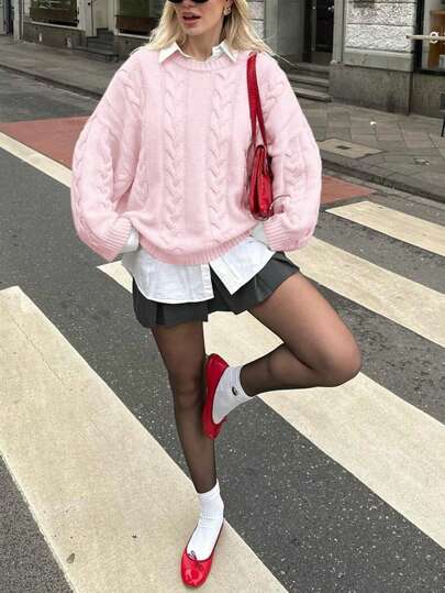 FOR BEAUTY Spring And Autumn Winter New Romantic Pink Round Neck Long Sleeve Knitted Sweater Tops Women Loose And J Fashion Valentine's Day Sweater Pullover Knit Top Halloween