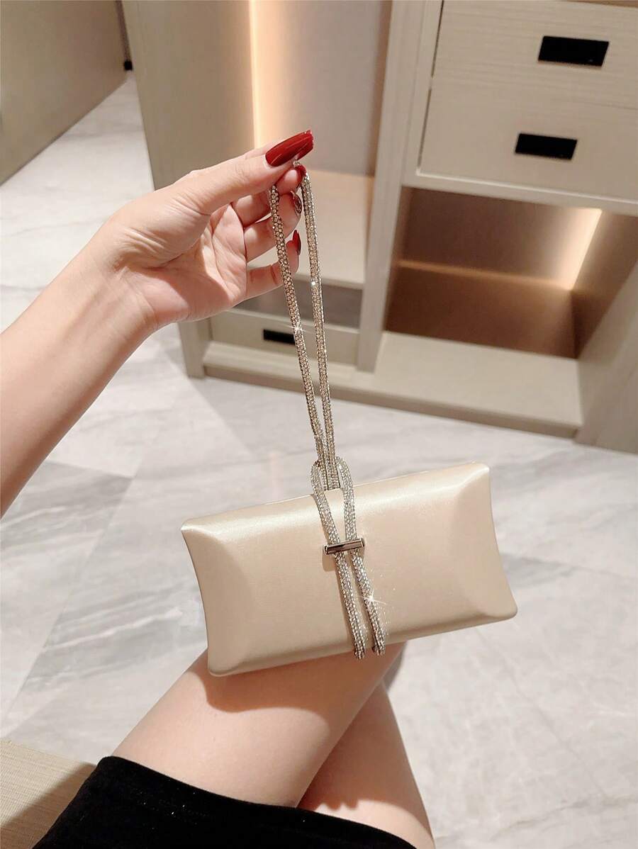 Women's Fashion Rhinestone Decor Satin Box Clutch Evening Bag, For Formal Party, Christmas Ball, And Cocktail - Champagne - View 1