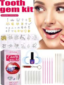 Nuevo set de gemas para dientes DIY en caja, joyería de dientes de rhinestone, decoraciones de cristal brillante removible para dientes, accesorios dentales, cristal plano de mariposa en la parte inferior, joyería brillante para dientes, joyería de boca con brillo de moda, incluye herramientas y pegamento