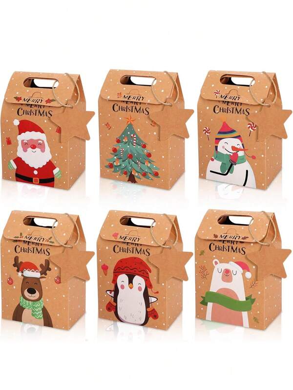6/12/24pcs Merry Christmas Candy Gift Box With Tag, Kraft Paper Cookies Gift Packing Bags For Xmas Party New Year Home Decoration,Christmas