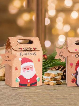 6/12/24 件圣诞快乐糖果礼盒带标签，牛皮纸饼干礼品包装袋适用于圣诞节派对新年家居装饰，圣诞节