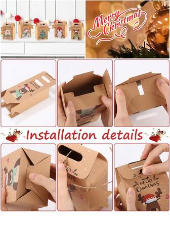 6/12/24pcs Merry Christmas Candy Gift Box With Tag, Kraft Paper Cookies Gift Packing Bags For Xmas Party New Year Home Decoration,Christmas
