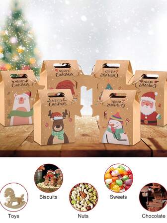 6/12/24pcs Merry Christmas Candy Gift Box With Tag, Kraft Paper Cookies Gift Packing Bags For Xmas Party New Year Home Decoration,Christmas