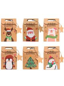 6/12/24pcs Merry Christmas Candy Gift Box With Tag, Kraft Paper Cookies Gift Packing Bags For Xmas Party New Year Home Decoration,Christmas