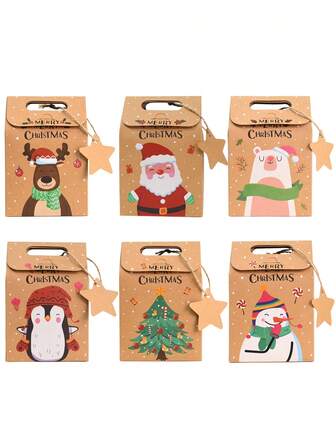 6/12/24pcs Merry Christmas Candy Gift Box With Tag, Kraft Paper Cookies Gift Packing Bags For Xmas Party New Year Home Decoration,Christmas