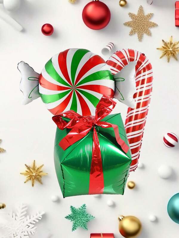 3pcs Ribbon Gift Box Balloons With Candy Christmas Crutch Balloons Set Christmas Gift Box Balloon Christmas Party Decorations Christmas 2025,Christmas