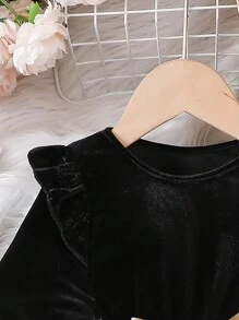 Young Girl Casual Fashionable Flocked Long Sleeve Ruffle Cap Sleeve Floral Embroidered Mesh Dress, Party Gift Formal Dress