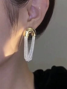 1 对弧形金属链椭圆形优雅耳环 - 彩色 - 查看 2