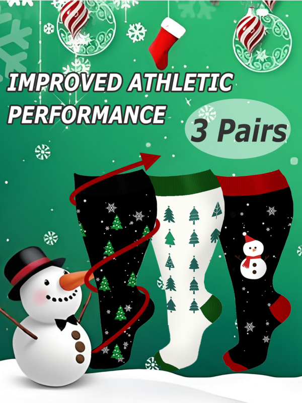 3 Pairs Christmas Plus Size Compression Socks Stockings Women Men Best Rated Support Non Slip Extra Large Travel Long Flights Christmas Socks
