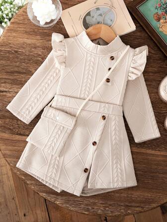 3pcs/Set Baby Girls Ruffled Long Sleeve Top + Matching Skirt Shorts + Matching Purse Outfit, Casual