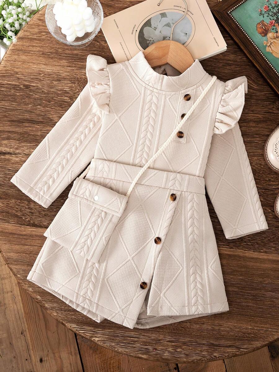 3pcs/Set Baby Girls Ruffled Long Sleeve Top + Matching Skirt Shorts + Matching Purse Outfit, Casual