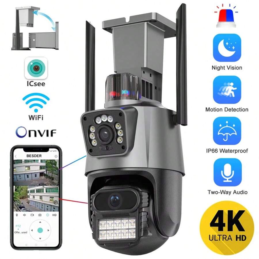 Cámara de seguridad IP CCTV con cámara PTZ WiFi de 8MP, visión nocturna a color de doble pantalla para exteriores, cámara de vigilancia con aplicación ICSEE
