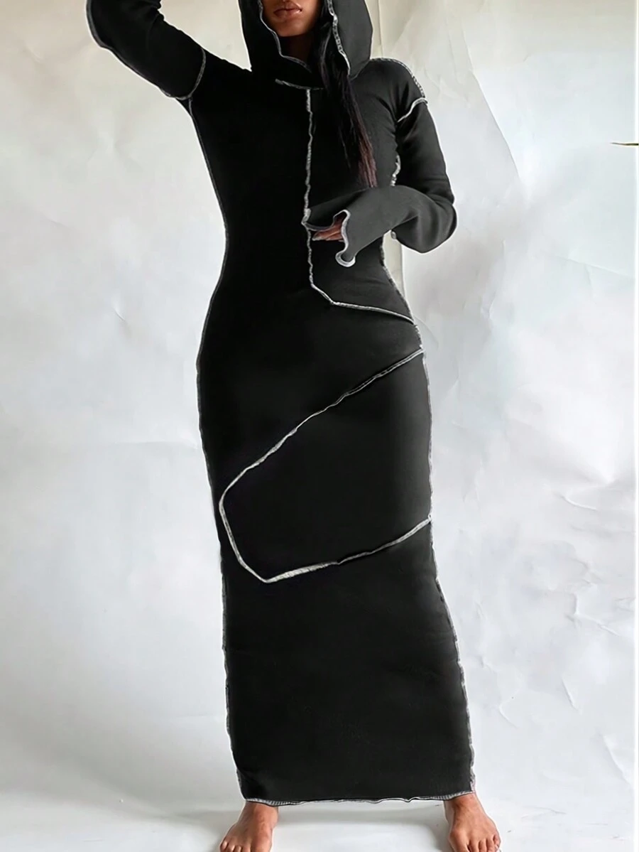 女士时尚连帽撞色拼接紧身街头风连衣裙