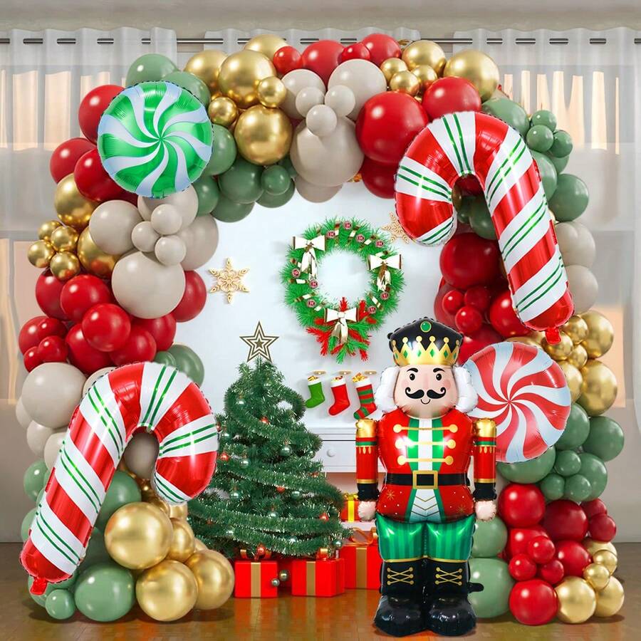 125pcs/Set Christmas Sage Green, Red Salvia And Gold Retro White Balloon Wreath Arch Kit, Includes Candy Balloons And Nutcracker Soldier Foil Balloons, Christmas Party Decoration, New Year Eve Birthday Baby Shower Home Decor - Multicolor - View 1