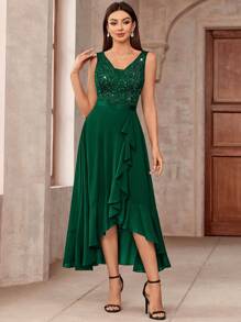 MIUSOL Deep V-Neck Lace Sequin Ruffle Hem High-Low Hem Chiffon Formal Party Maxi Dress, Suitable For Wedding Guest, Graduation Ceremony, Gala Spring Elegant - Dark Green - View 5