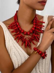 1 set di gioielli in stile bohémien, composto da collana e bracciale asimmetrici con corallo rosso e geometria, adatto per l'uso quotidiano delle donne - abito di corallo rosso - Visualizzare 7