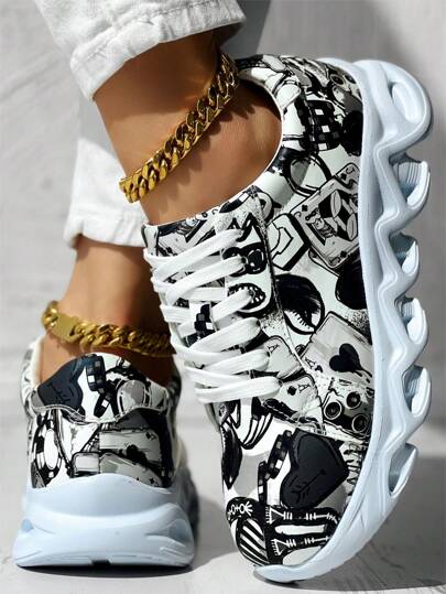 Women's Fashion Sneakers With Colorful Laces, Thick Soles, Cartoon Graffiti Print, Lightweight And Comfortable Casual Street Shoes