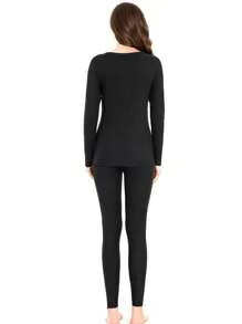 Conjunto de ropa interior térmica para mujer - Camiseta de cuello redondo + Pantalones, ajuste delgado de capa base para otoño e invierno