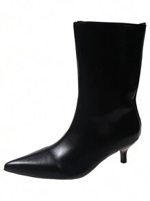 女士黑色尖头细跟踝靴，2024秋冬新款低粗跟复古宽口时尚中筒靴，派对靴