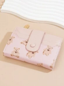 Baellerry 1 件女士熊印花拉链零钱包带纽扣扣钱包卡包礼品必备品女士钱包钱包小钱包可爱钱包 - 粉色 - 查看 6