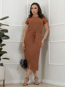 Women's Casual Midi Dress With Front Slit - 駝色 - 查看 1