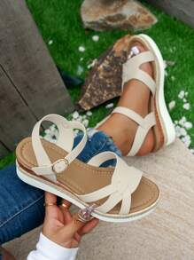 Summer New Outdoor Simple & Comfortable Cross Strap Women's Wedge Heel Platform Sandals - Beige - View 2