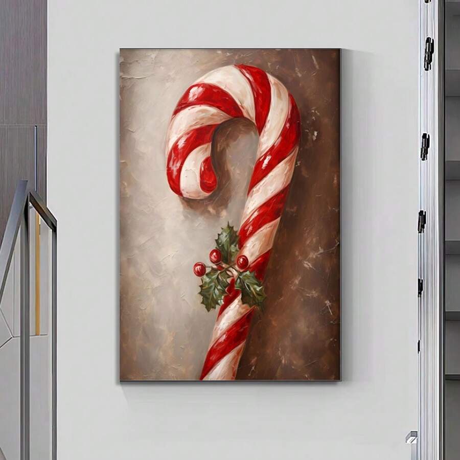 1pc Wrapped Wooden Frame Candy Cane Christmas Oil Painting, Rustic Christmas Wall Art, Christmas Decor, Candy Cane Holiday Winter Decor, Vintage Christmas