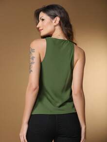 LXC Slim Fit Top, Solid Color Asymmetrical Pleated Collar Slim Fit Short Sleeve T-Shirt - màu xanh lá - Xem 2